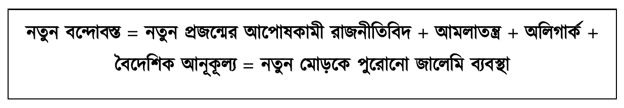 নতুন বন্দোবস্ত = নতুন প্রজন্মের আপোষকামী রাজনীতিবিদ + আমলাতন্ত্র + অলিগার্ক + বৈদেশিক আনূকূল্য = নতুন মোড়কে পুরোনো জালেমি ব্যবস্থা